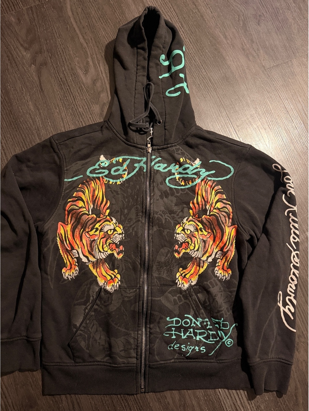 Vtg Ed Hardy Tiger Love Kills Slowly Zip Hoodie Small
